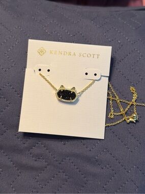 Kendra Scott Black Drusy Cat Pendant Necklace - Gold-New